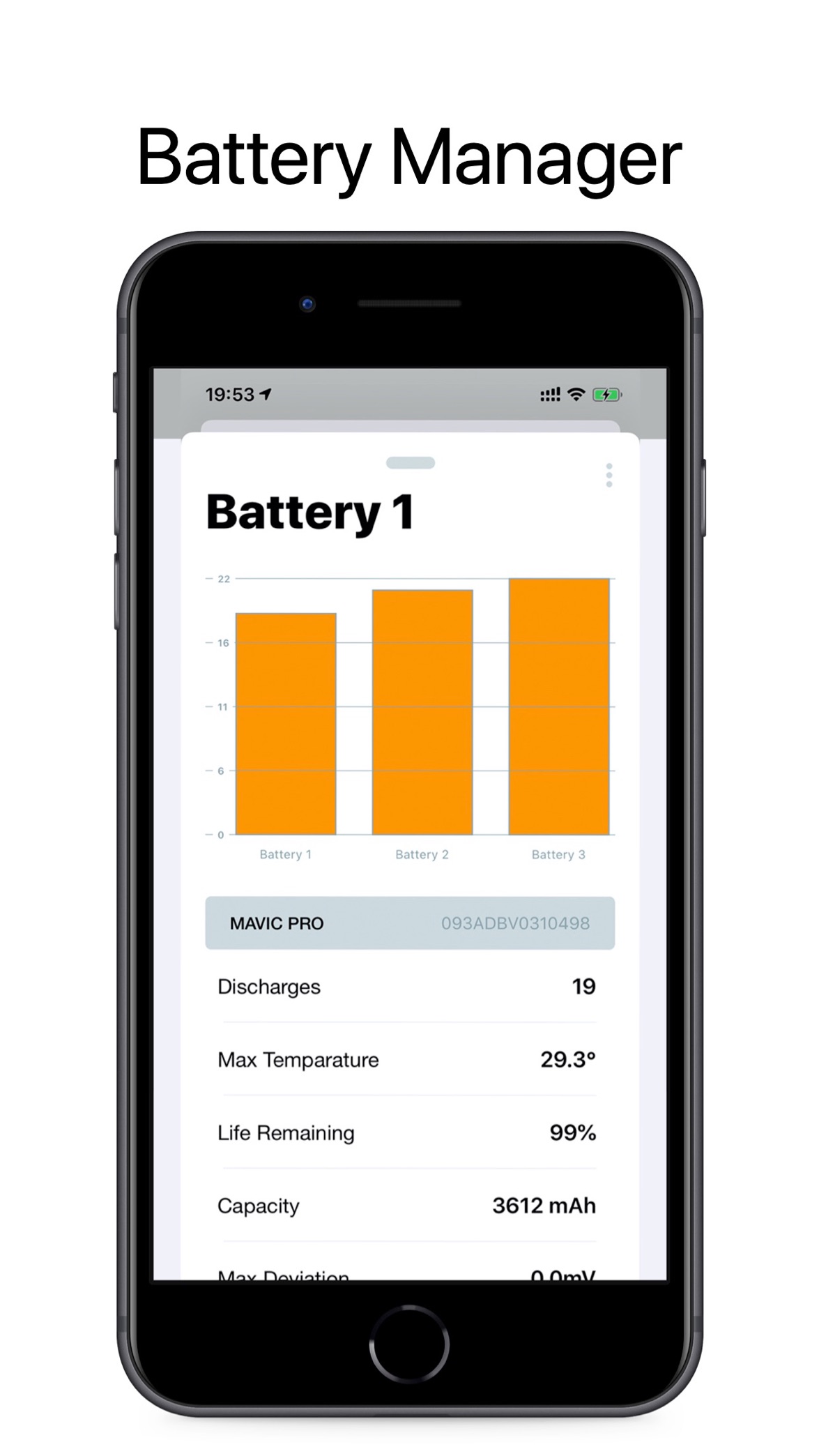 Battery Manager showing battery health charts and per-battery stats