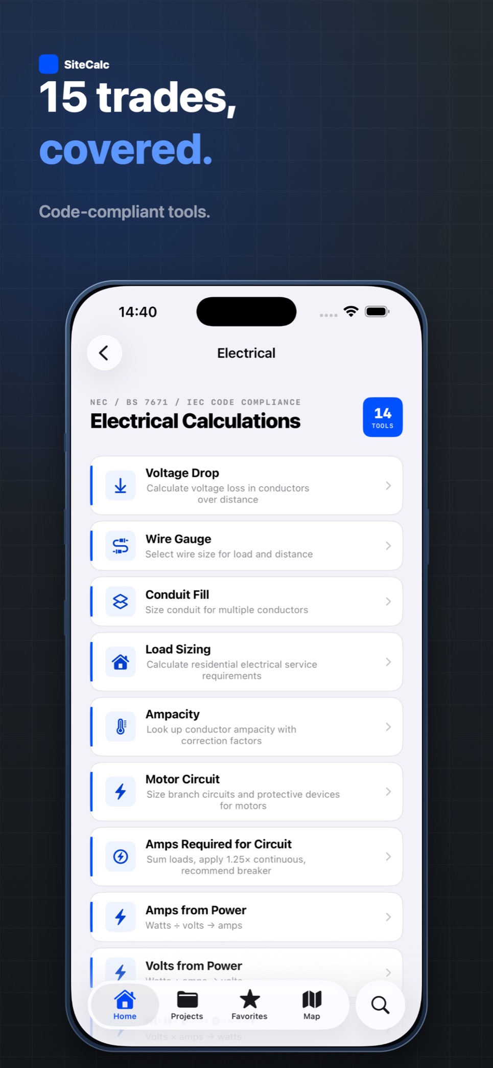 Electrical calculations list including voltage drop, wire gauge, conduit fill, load sizing and ampacity