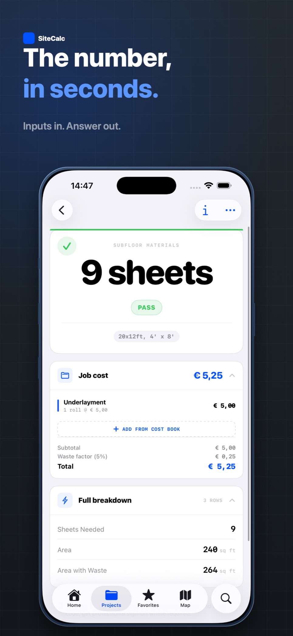 A calculation result showing 9 sheets with a full material and job-cost breakdown