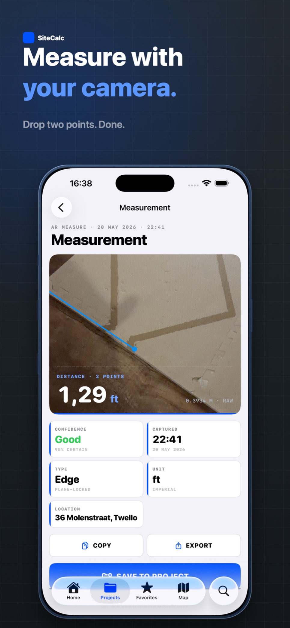 AR camera measurement showing a point-to-point distance on site