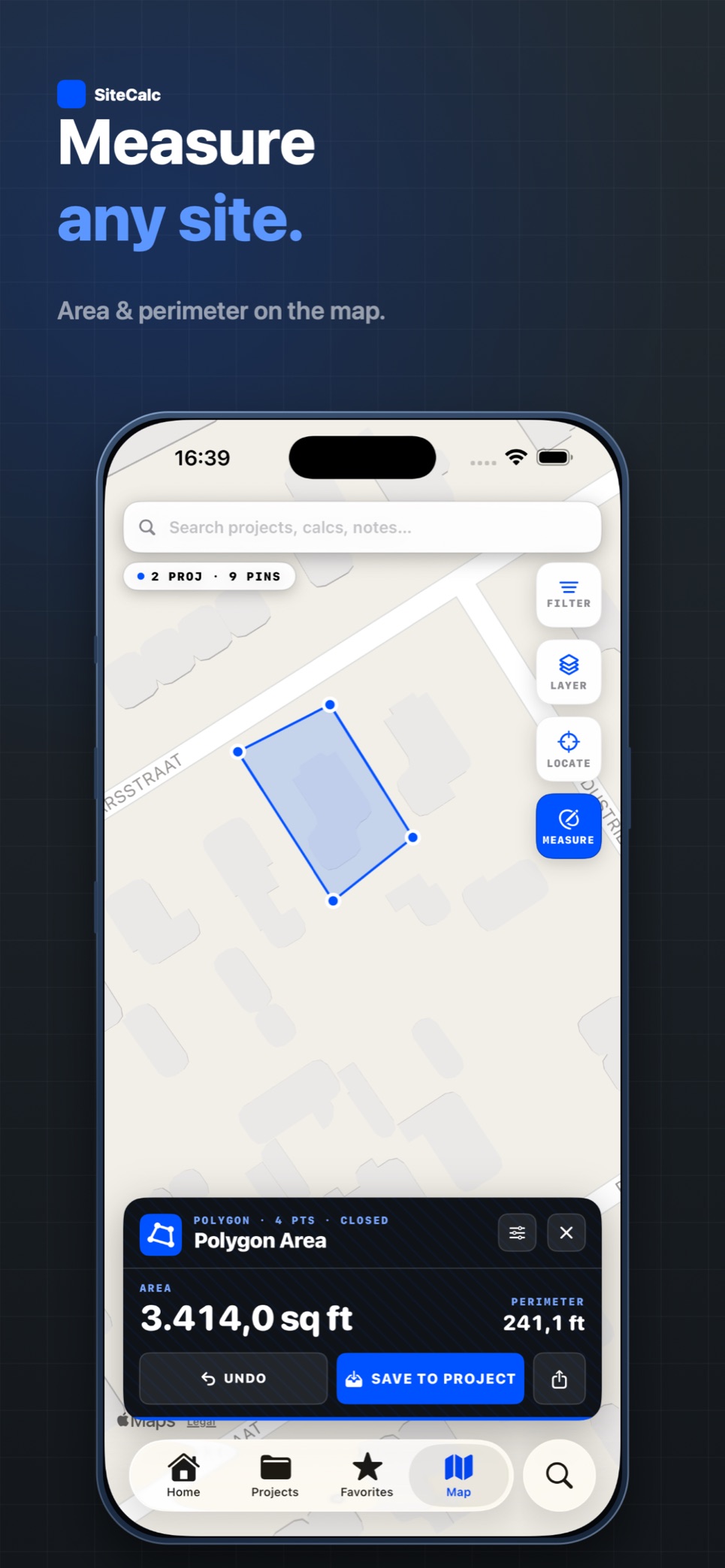 Site area and perimeter measured as a polygon drawn on a map